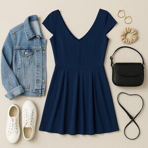 Hollister NWT Fit & Flare Mini Dress Sz L Navy Stretch V-Neck/V-Back, Cap Sleeve